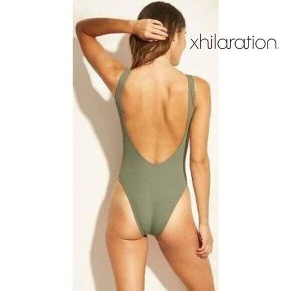 Xhilaration Women's Ribbed Lace Up Scoop Back One Piece‎ Swimsuit NWT - Picture 2 of 5